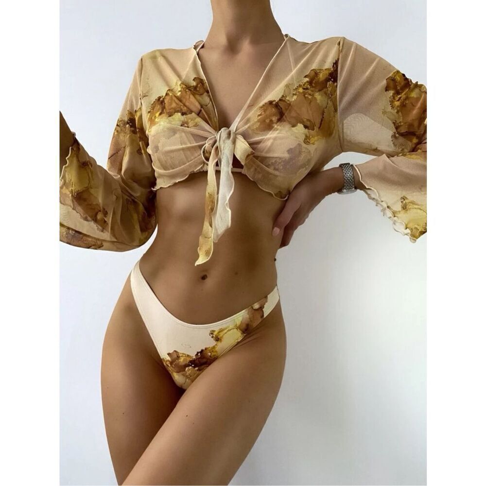 Sheer Tie-Front Beach Cover & Bikini Bottom Set - Beige Floral